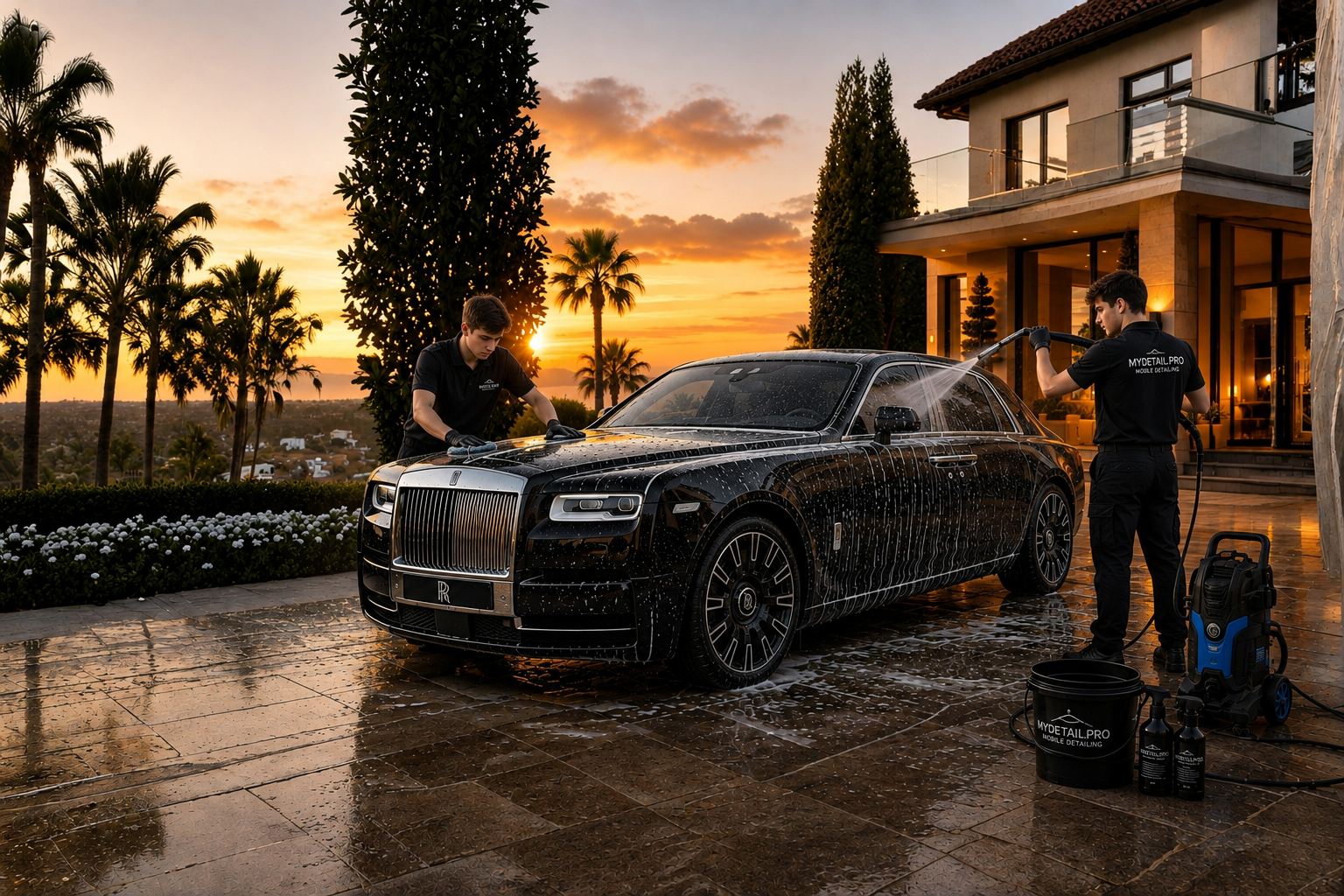 Mobile car detailing technician hand-washing a luxury car at a customer's location in Dubai
